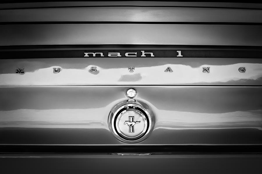 Black And White Photograph - 1969 Ford Mustang Mach 1 Rear Emblem by Jill Reger