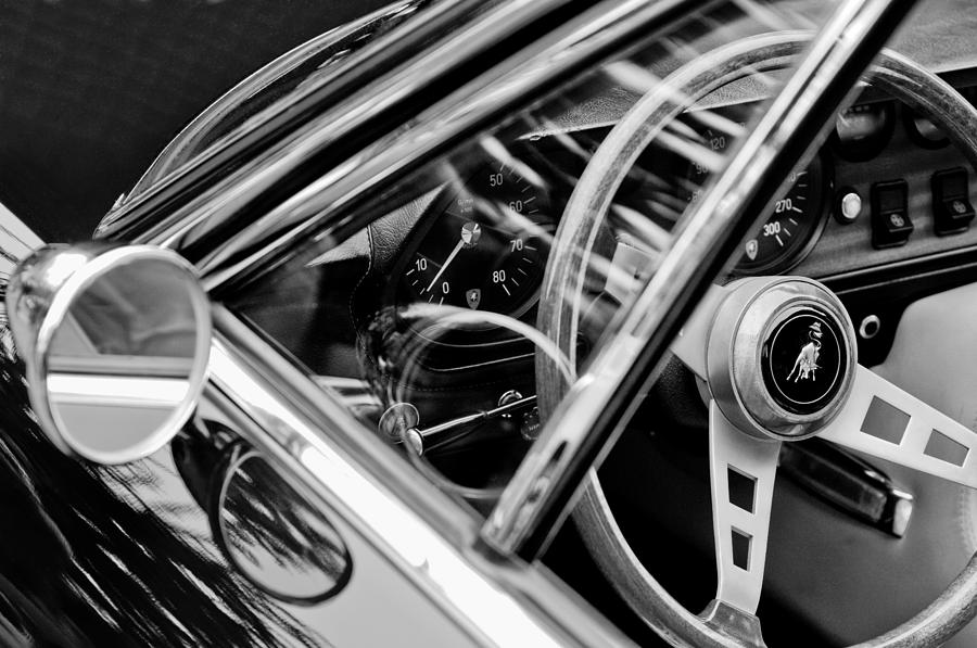 Black And White Photograph - 1969 Lamborghini Islero Steering Wheel Emblem by Jill Reger