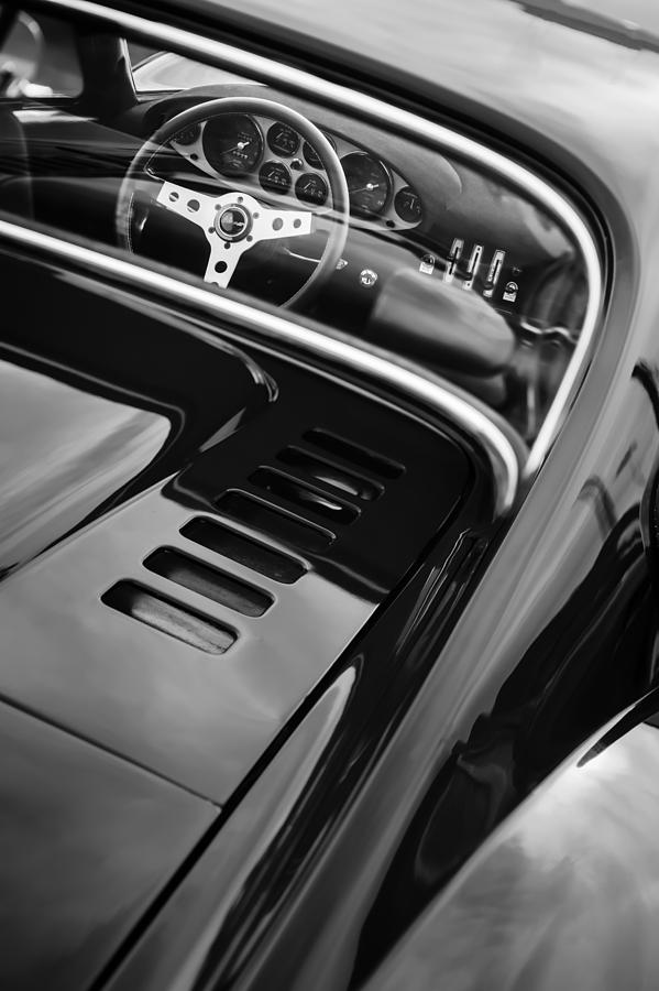 Black And White Photograph - 1971 Ferrari Dino 246 GT Steering Wheel Emblem by Jill Reger