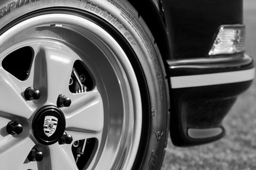 Black And White Photograph - 1973 Porsche 911 Carrera RS Coupe Wheel Emblem by Jill Reger