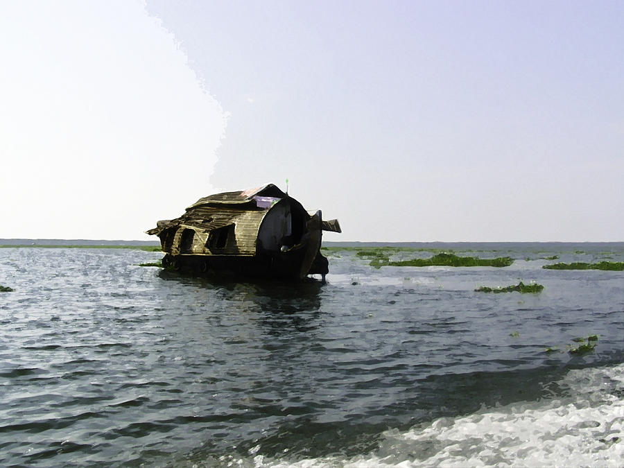 A houseboat moving placidly through a coastal lagoon in Alleppey #1 Digital Art by Ashish Agarwal