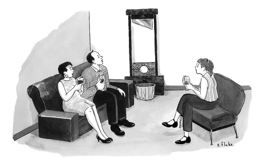 A Man And Two Women Having Wine In A Living Room #1 Drawing by Emily Flake