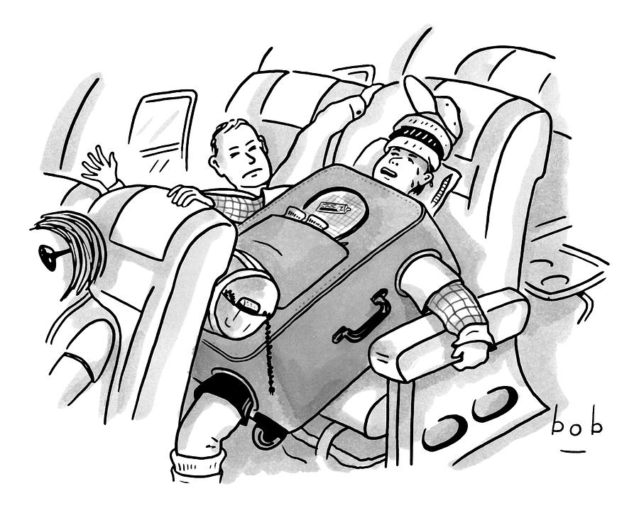 A Man Wearing His Luggage Sits Awkwardly In An Drawing by Bob Eckstein