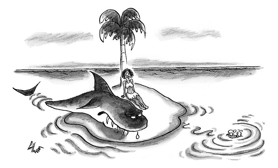 A Woman Is Seen On A Deserted Island With A Shark #1 Drawing by Frank Cotham