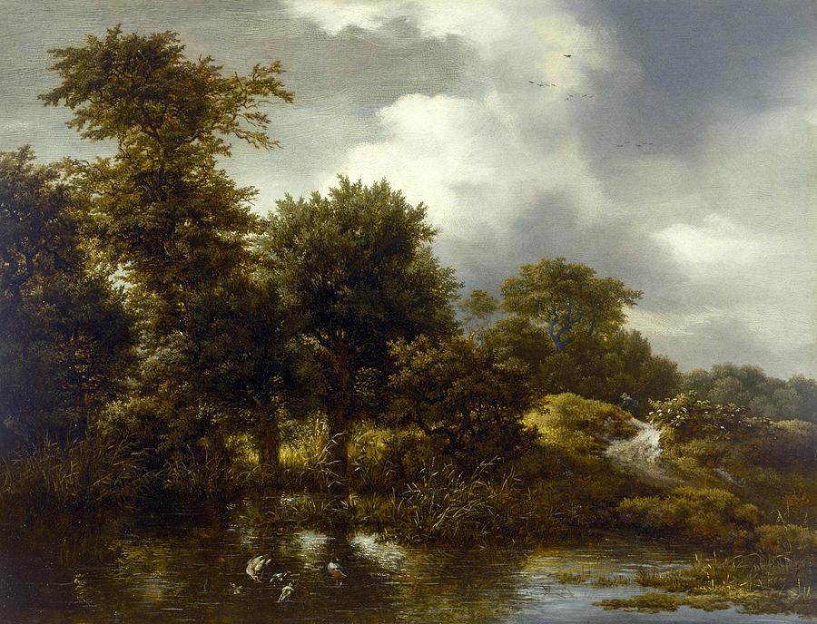 Houston Painting - A wooded landscape with a pond #1 by Jacob van Ruisdael