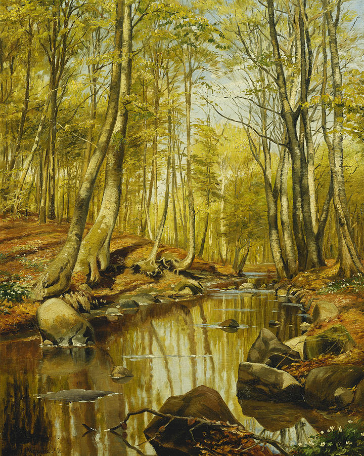 A Wooded River Landscape Painting by Peder Monsted