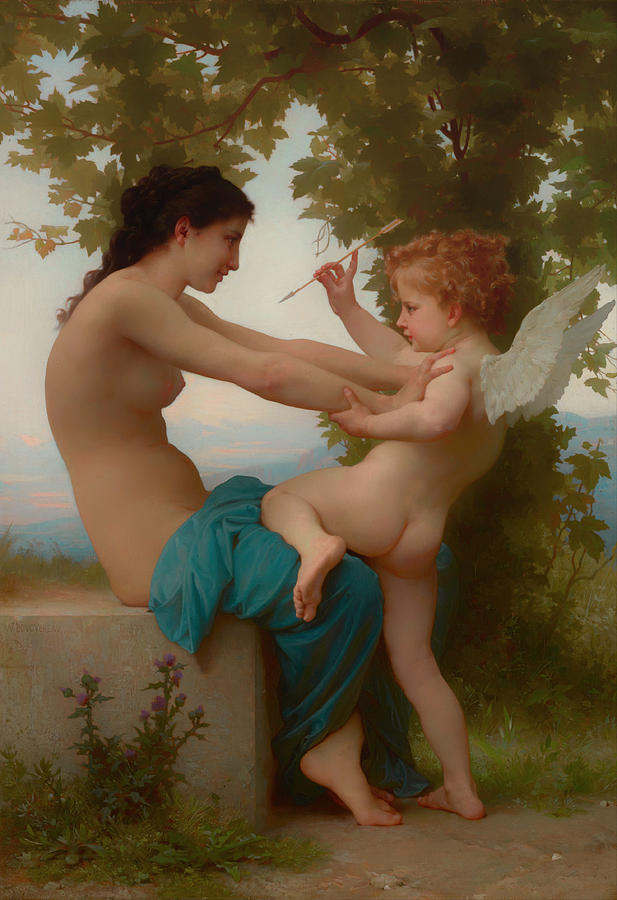 A young girl defending herself against Eros #5 Painting by William-Adolphe Bouguereau