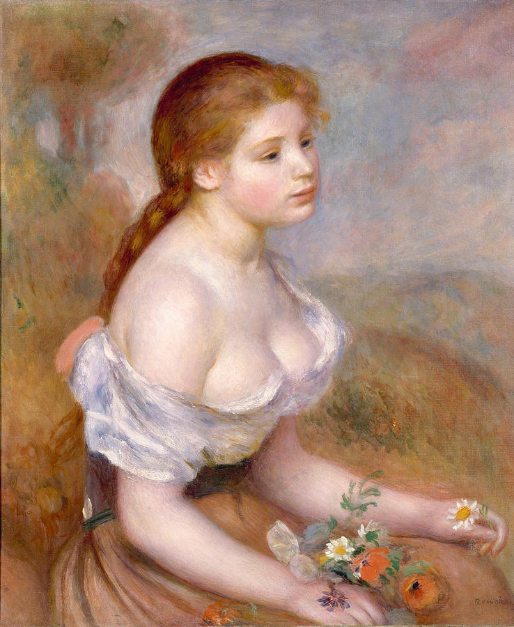 A Young Girl with Daisies #4 Painting by Pierre-Auguste Renoir
