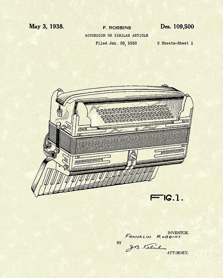Accordion 1938 Patent Art #1 Drawing by Prior Art Design