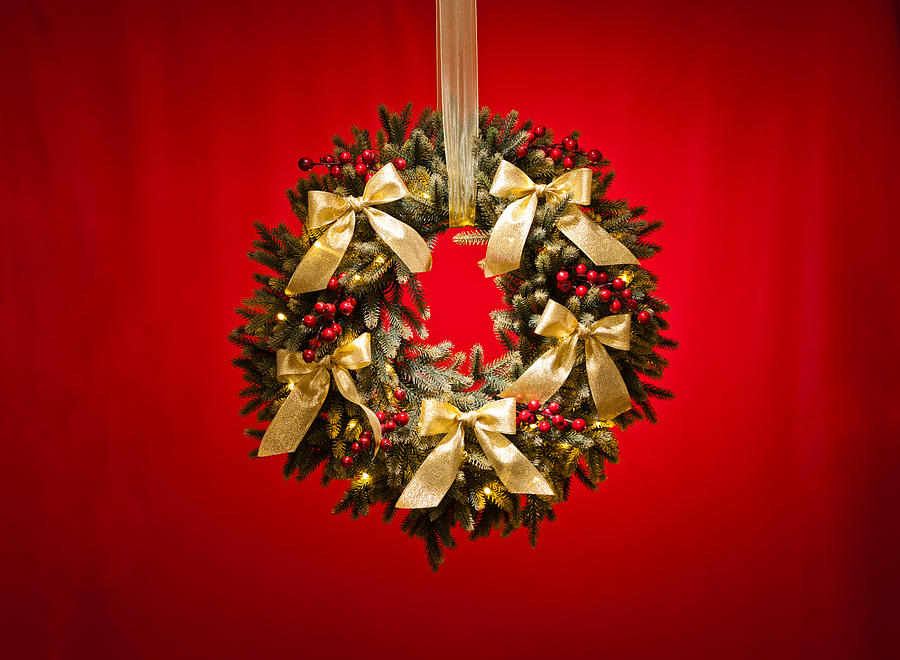 Christmas Photograph - Advent wreath over red background #1 by U Schade