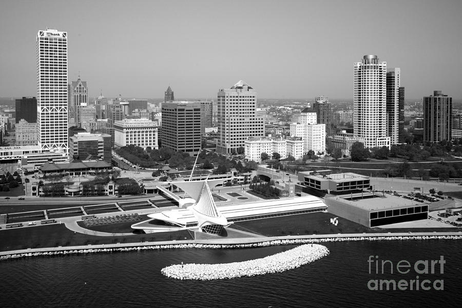 Black And White Photograph - Aerial of Milwaukee Skyline #1 by Bill Cobb