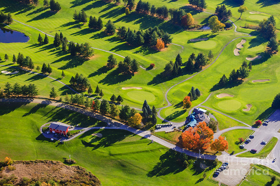 Aerial view of fall foliage and a golf course in Stowe Vermont #1 Photograph by Don Landwehrle