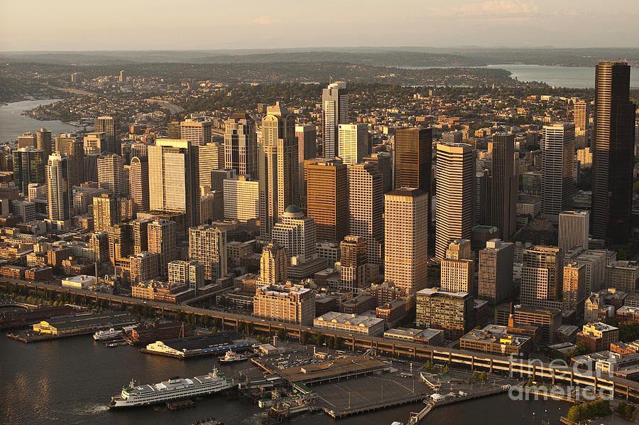 Aerial view of Seattle Skyline along waterfront #1 Photograph by Jim Corwin