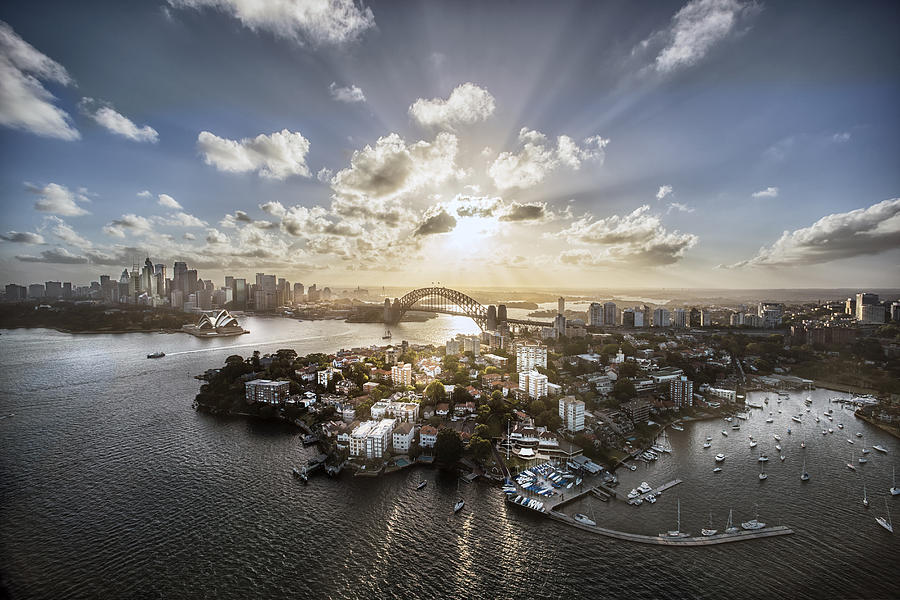 Aeriall view of Sydney Harbour at sunset #1 Photograph by Howard Kingsnorth