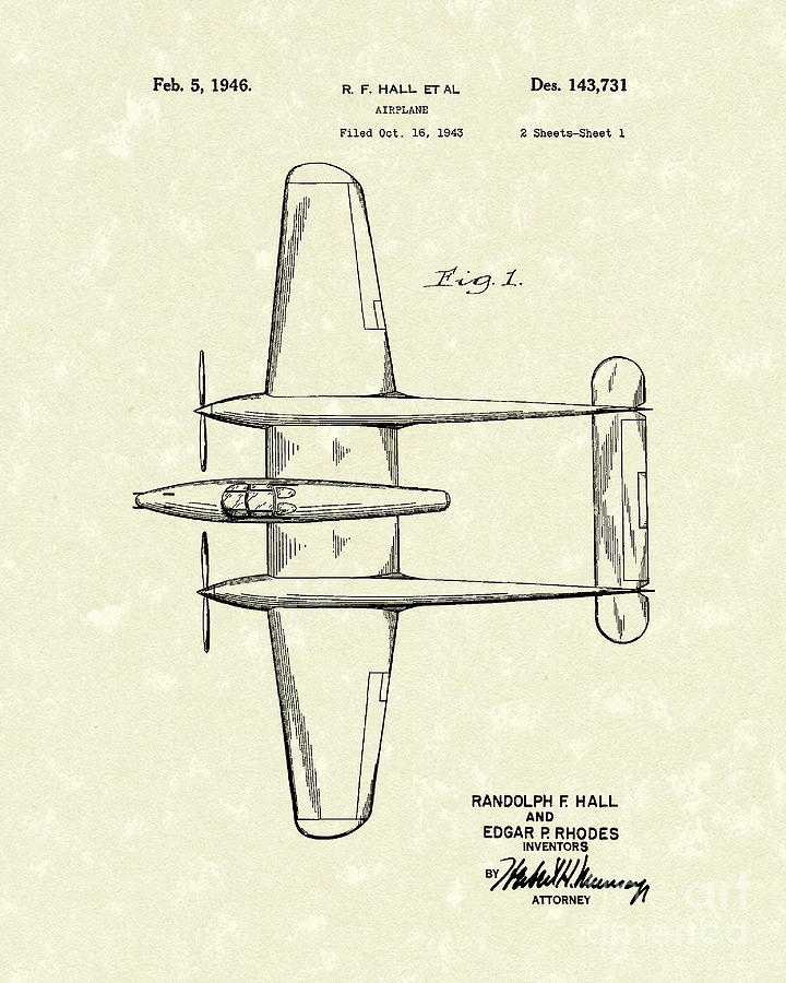 Airplane 1946 Patent Art #1 Drawing by Prior Art Design