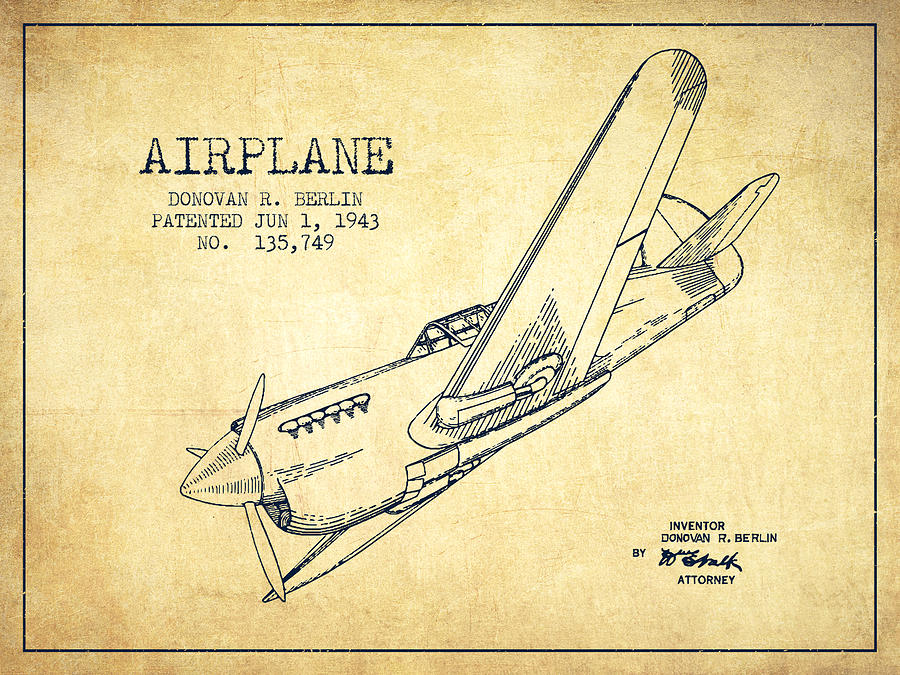 Airplane patent Drawing from 1943Vintage Digital Art by Aged Pixel
