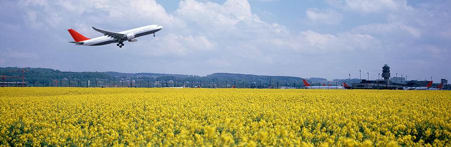 Architecture Photograph - Airplane Taking Off, Zurich Airport #1 by Panoramic Images