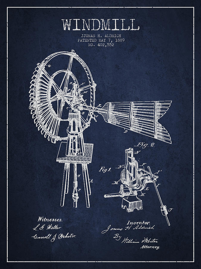 Vintage Digital Art - Aldrich Windmill Patent Drawing From 1889 - Green #1 by Aged Pixel