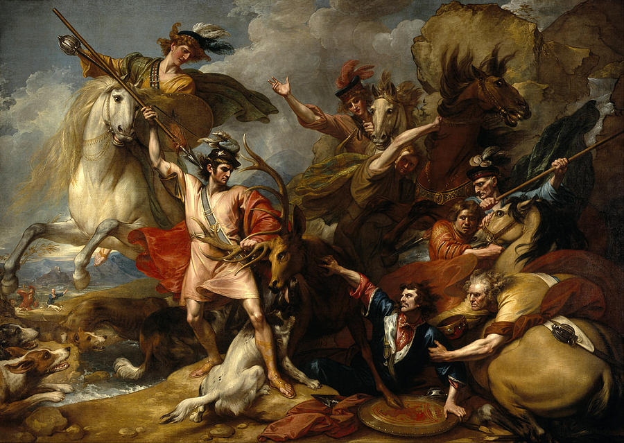 Alexander III of Scotland Rescued from the Fury of a Stag by the Intrepidity of Colin Fitzgerald  #3 Painting by Benjamin West