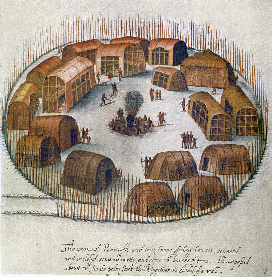 Algonquian Drawing - Algonquian Village, 1585 by Granger