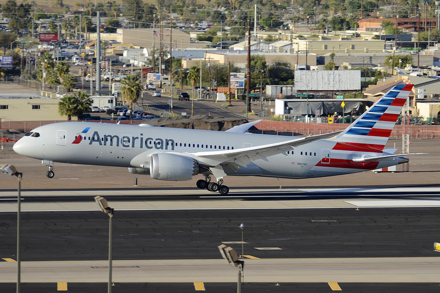 American Airlines second Boeing 787-823 N801AC landing Phoenix Sky Harbor March 10 2015 #1 Photograph by Brian Lockett