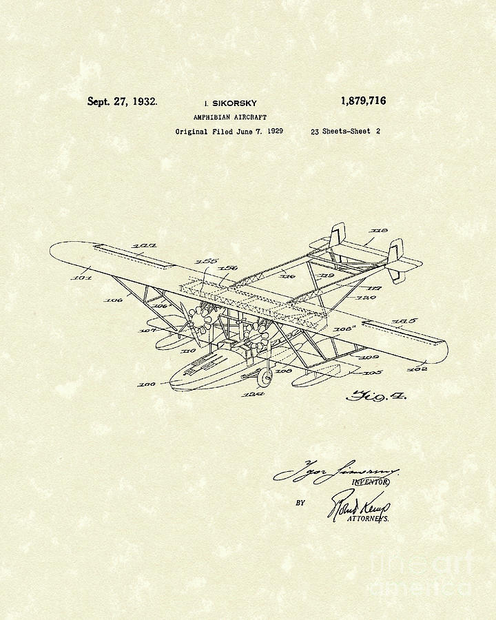 Amphibian Aircraft 1932 Patent Art #1 Drawing by Prior Art Design