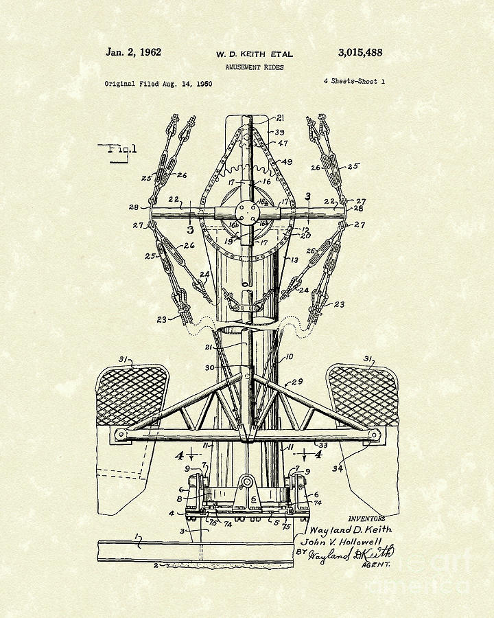 Amusement Ride 1962 Patent Art #1 Drawing by Prior Art Design