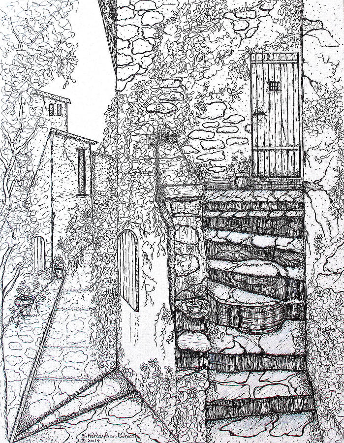 Ancient Crumbling Stone Steps Black and White Drawing by Ashley Goforth