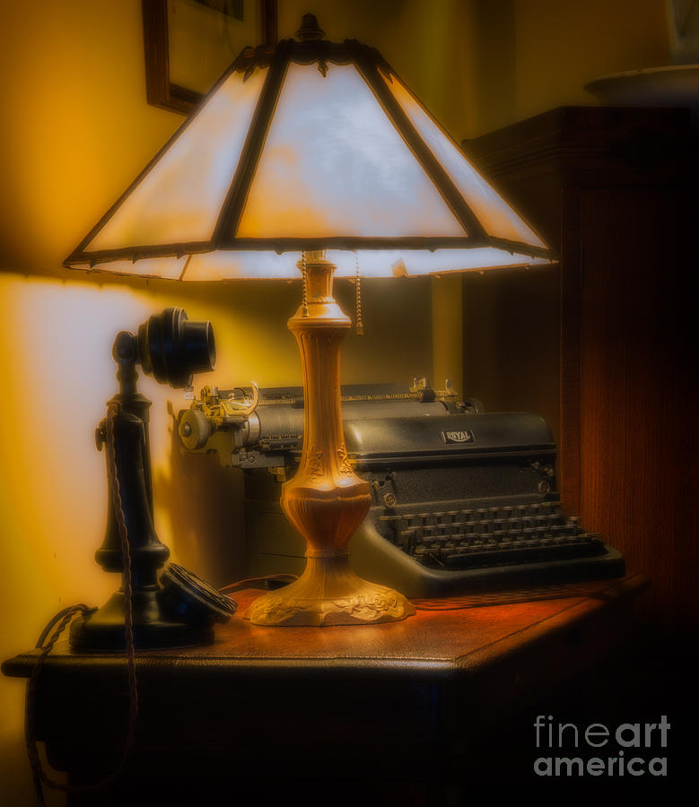 Antique Lamp Typewriter And Phone Photograph