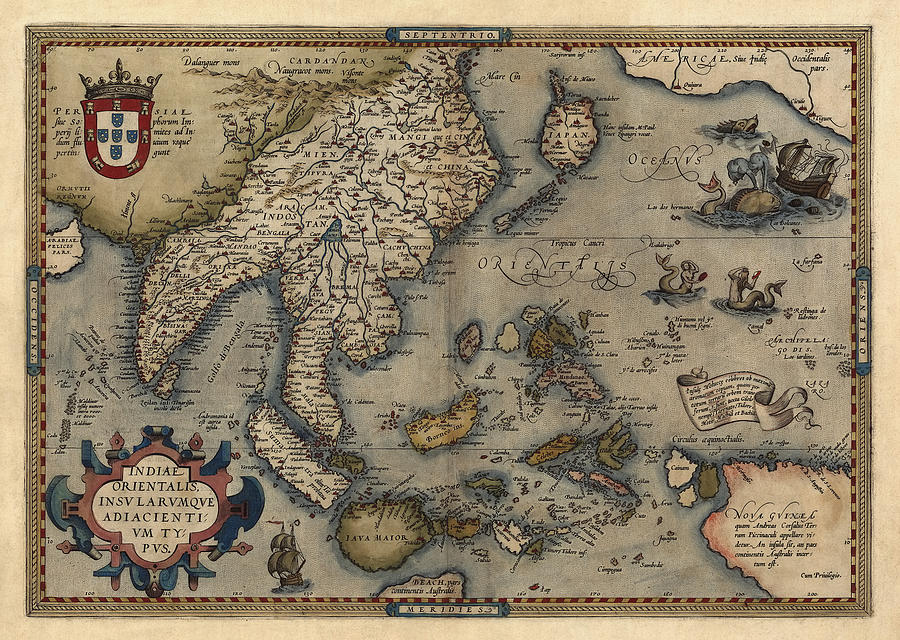 Antique Map of Asia and the Pacific Islands by Abraham Ortelius - 1570 #1 Drawing by Blue Monocle