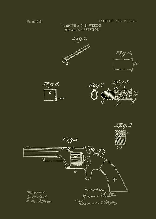 Vintage Drawing - Antique Smith and Wesson Patent for a Metallic Cartridge 1860 #1 by Mountain Dreams