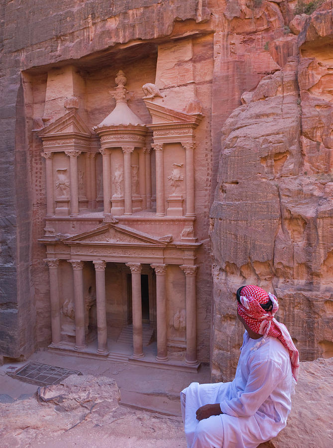 Al Khazneh Photograph - Arab Man Watching Facade Of Treasury #1 by Keren Su