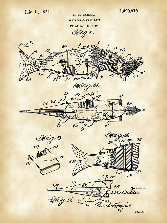 Artificial Bait Patent 1923 - Vintage Digital Art by Stephen Younts