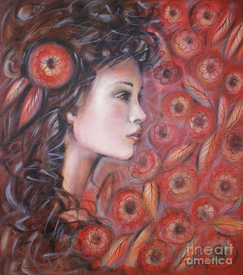 Asian Dream In Red Flowers 010809 #1 Painting by Selena Boron