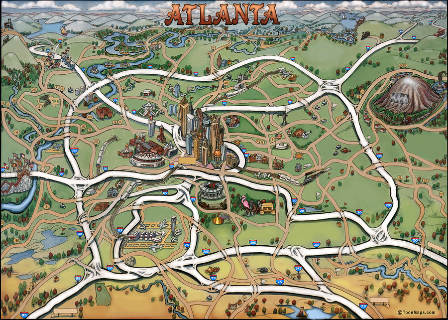 Atlanta Cartoon Map #1 Painting by Kevin Middleton