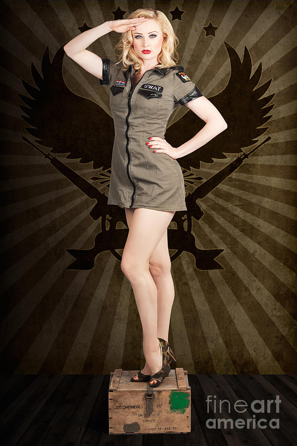 Attractive blond pin-up army girl. Military salute Photograph by Jorgo Photography