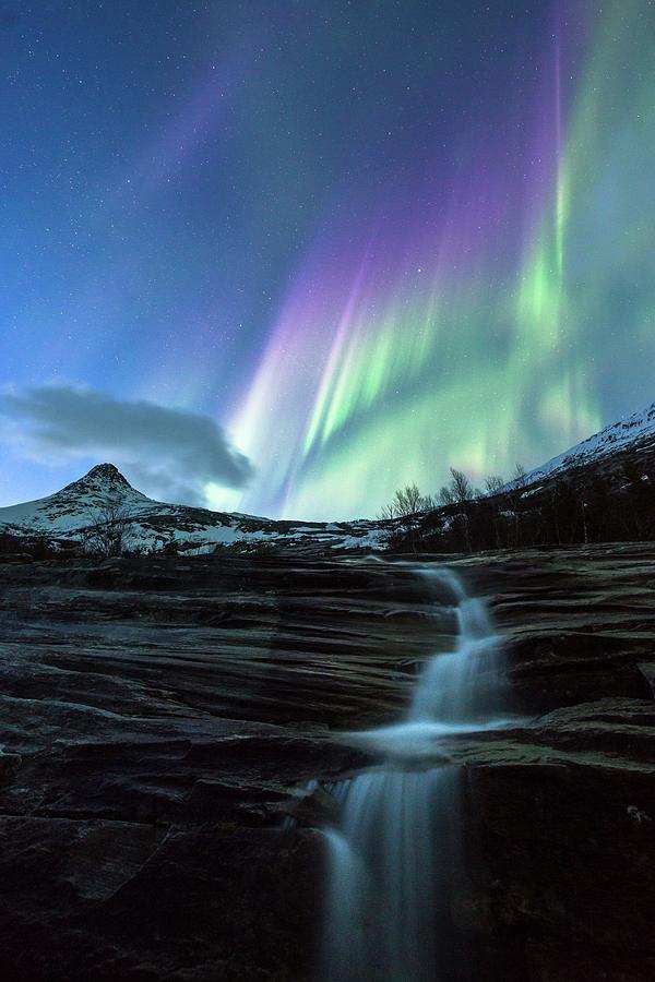 Aurora Borealis Over A Waterfall #1 Photograph by Tommy Eliassen/science Photo Library