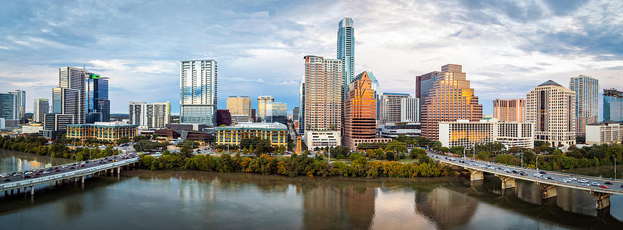 Austin Texas Downtown Skyscrapers Skyline Panorama Cityscape at Sunset #1 Photograph by Onfokus