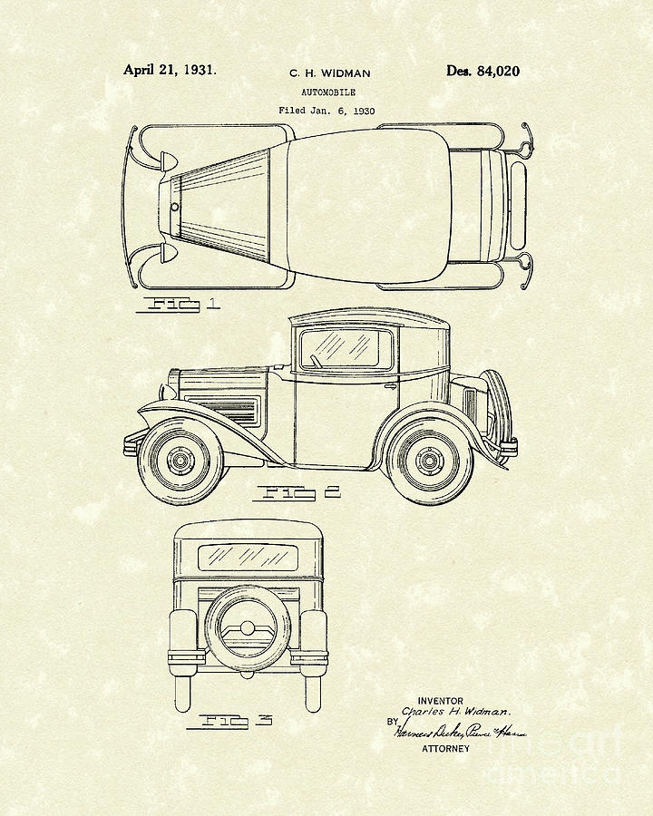 Car Drawing - Automobile 1931 Patent Art #1 by Prior Art Design