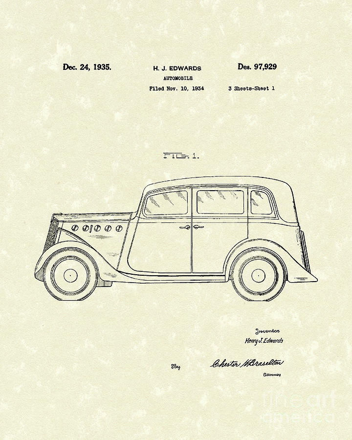 Automobile 1935 Patent Art #1 Drawing by Prior Art Design