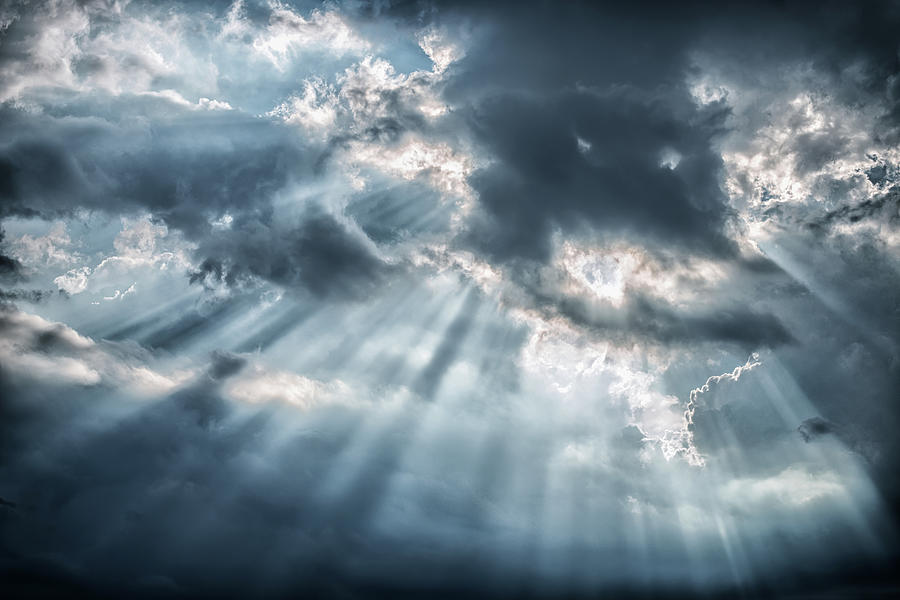 Awe Sunbeans Shining Through Cloudscape #1 Photograph by Assalve