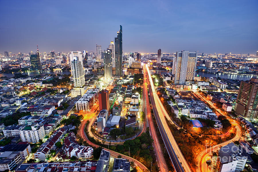 Transportation Photograph - Bangkok City night skyline #1 by Fototrav Print
