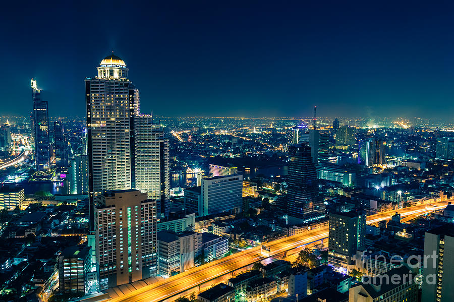 Architecture Photograph - Bangkok City Skyline At Night #1 by Fototrav Print