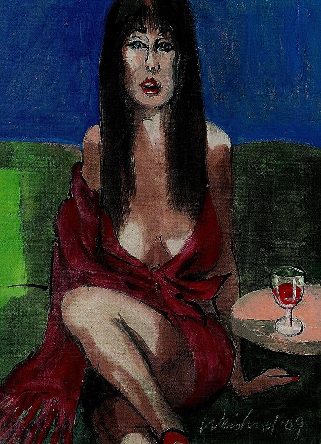Bar Fly In Red Dress Painting