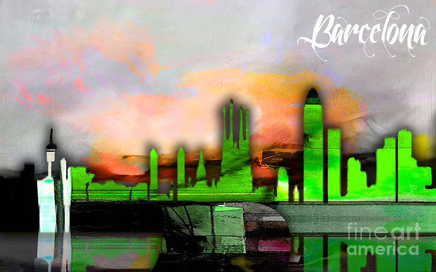 Barcelona Spain Skyline Watercolor #1 Mixed Media by Marvin Blaine