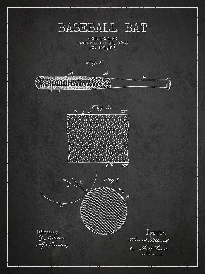 Baseball Bat Patent Drawing From 1904 Digital Art