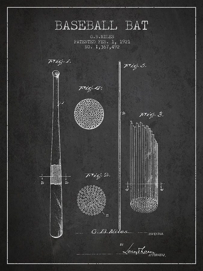 Baseball Bat Patent Drawing From 1921 Digital Art