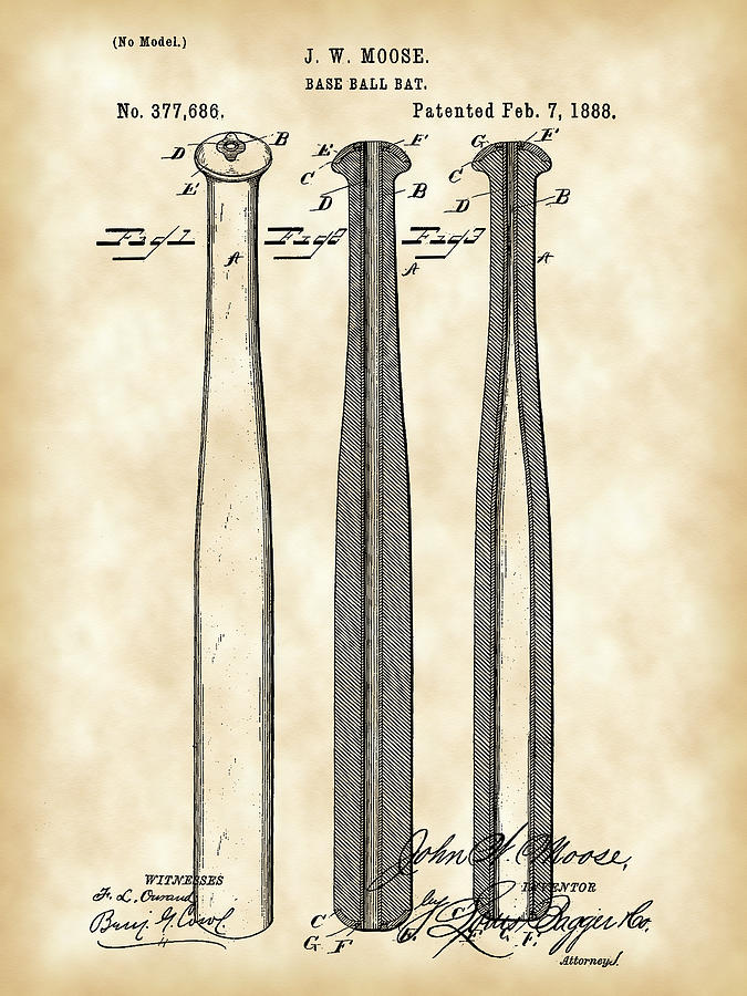 Baseball Bat Patent 1888 - Vintage Digital Art by Stephen Younts
