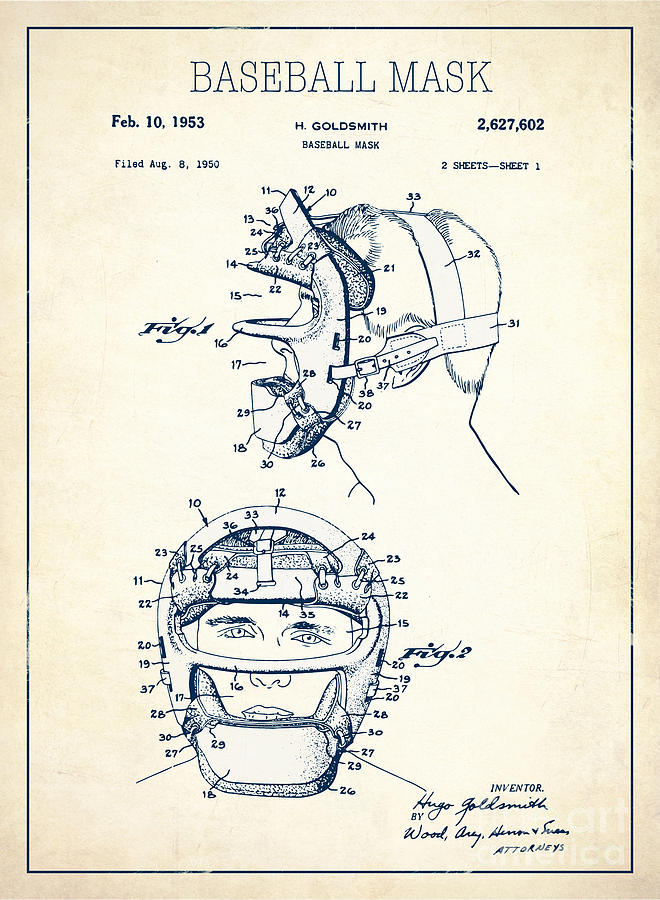 Baseball Drawing - Baseball mask patent white US2627602 A #1 by Evgeni Nedelchev