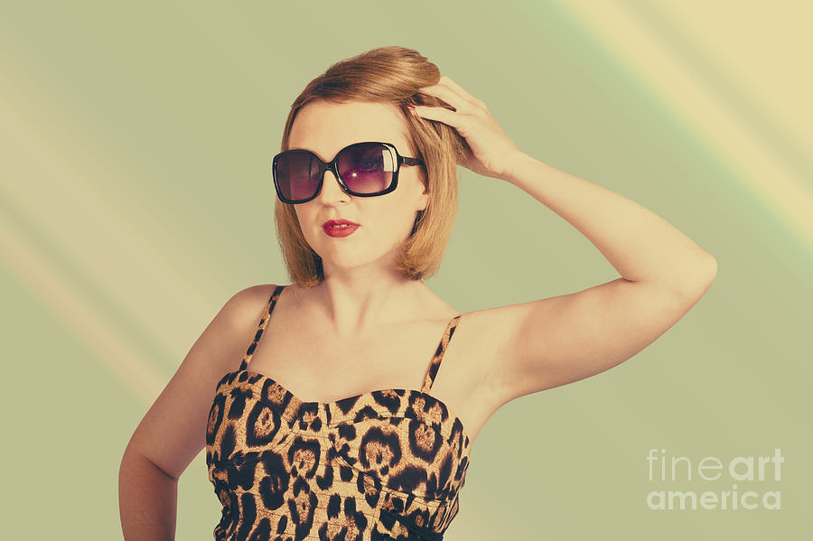 Beautiful 80s pinup woman on hairdressing backdrop #1 Photograph by Jorgo Photography